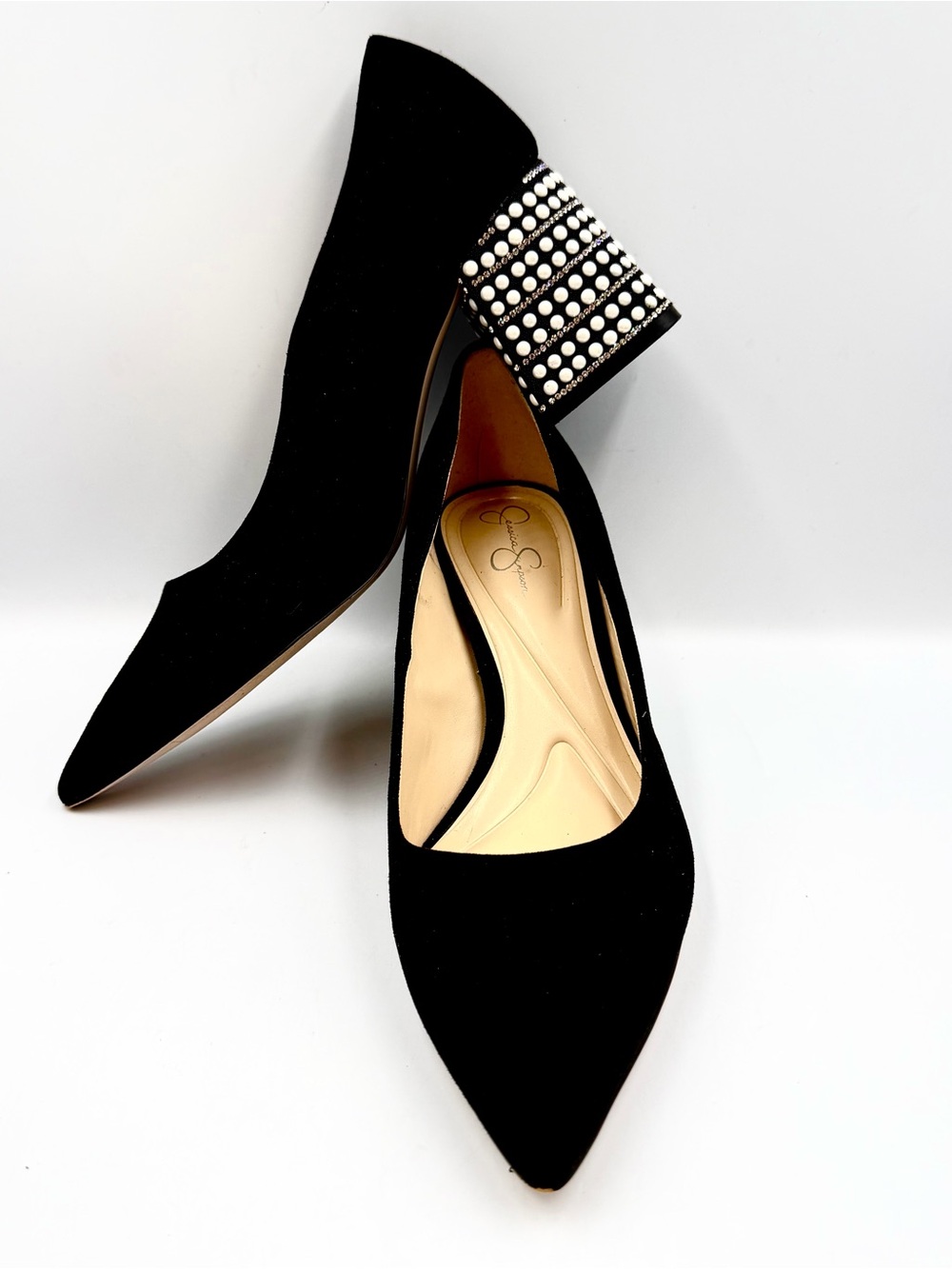 Jessica Simpson Spinella Pump Black Faux Suede Women 7.5 Bling Embellished Pearl